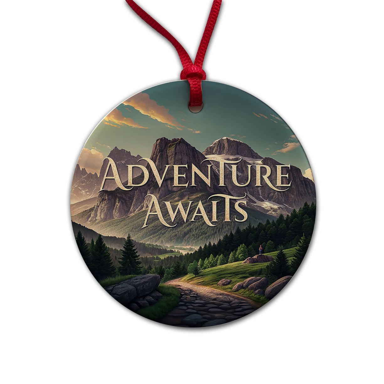 Adventure Awaits Mountains Hiking Camping Round Ceramic Holiday Christmas Tree Ornament