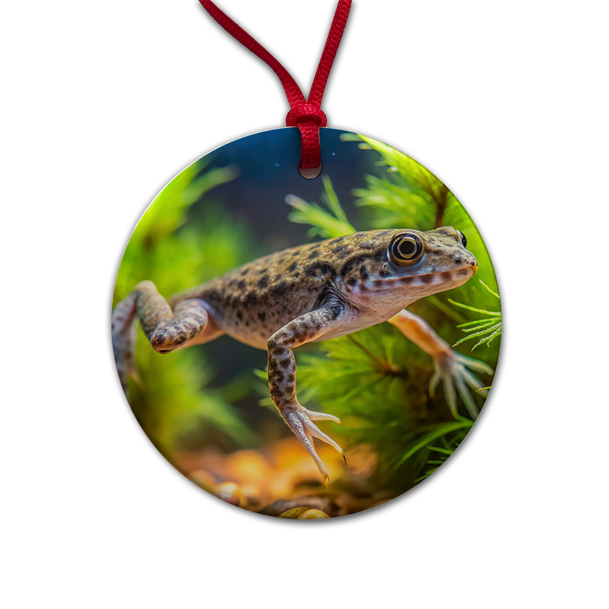 African Dwarf Frog Swimming Round Ceramic Holiday Christmas Tree Ornament