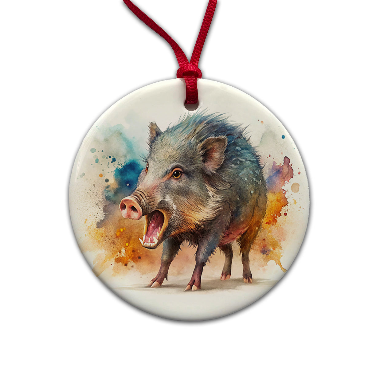 Angry Javelina Watercolor Round Ceramic Holiday Christmas Tree Ornament