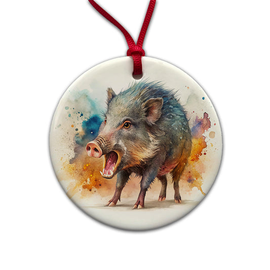 Angry Javelina Watercolor Round Ceramic Holiday Christmas Tree Ornament