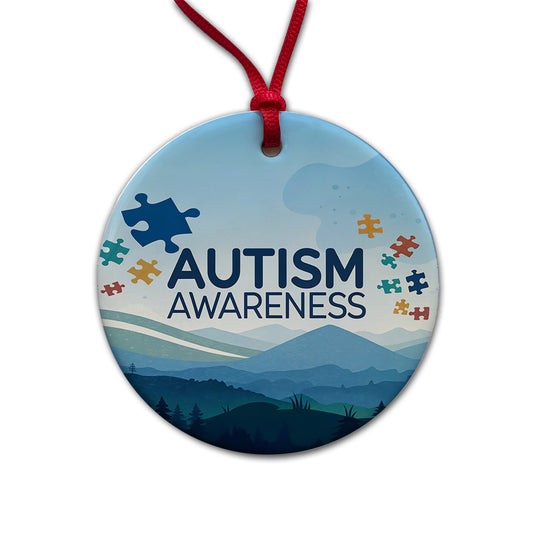Autism Awareness Flying Puzzle Pieces Round Ceramic Holiday Christmas Tree Ornament