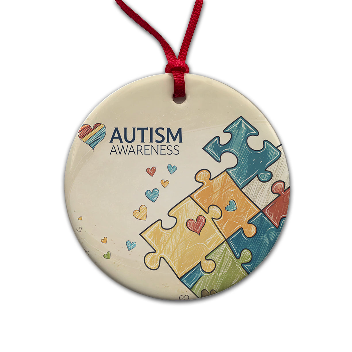 Autism Awareness Puzzle Pieces Heart Round Ceramic Holiday Christmas Tree Ornament