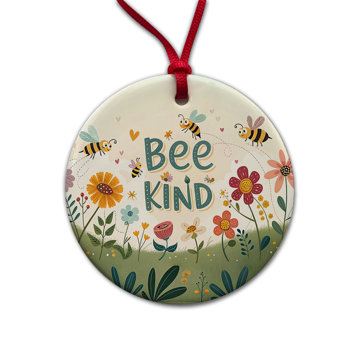 Be Bee Kind With Floral Bees Design Round Ceramic Holiday Christmas Tree Ornament