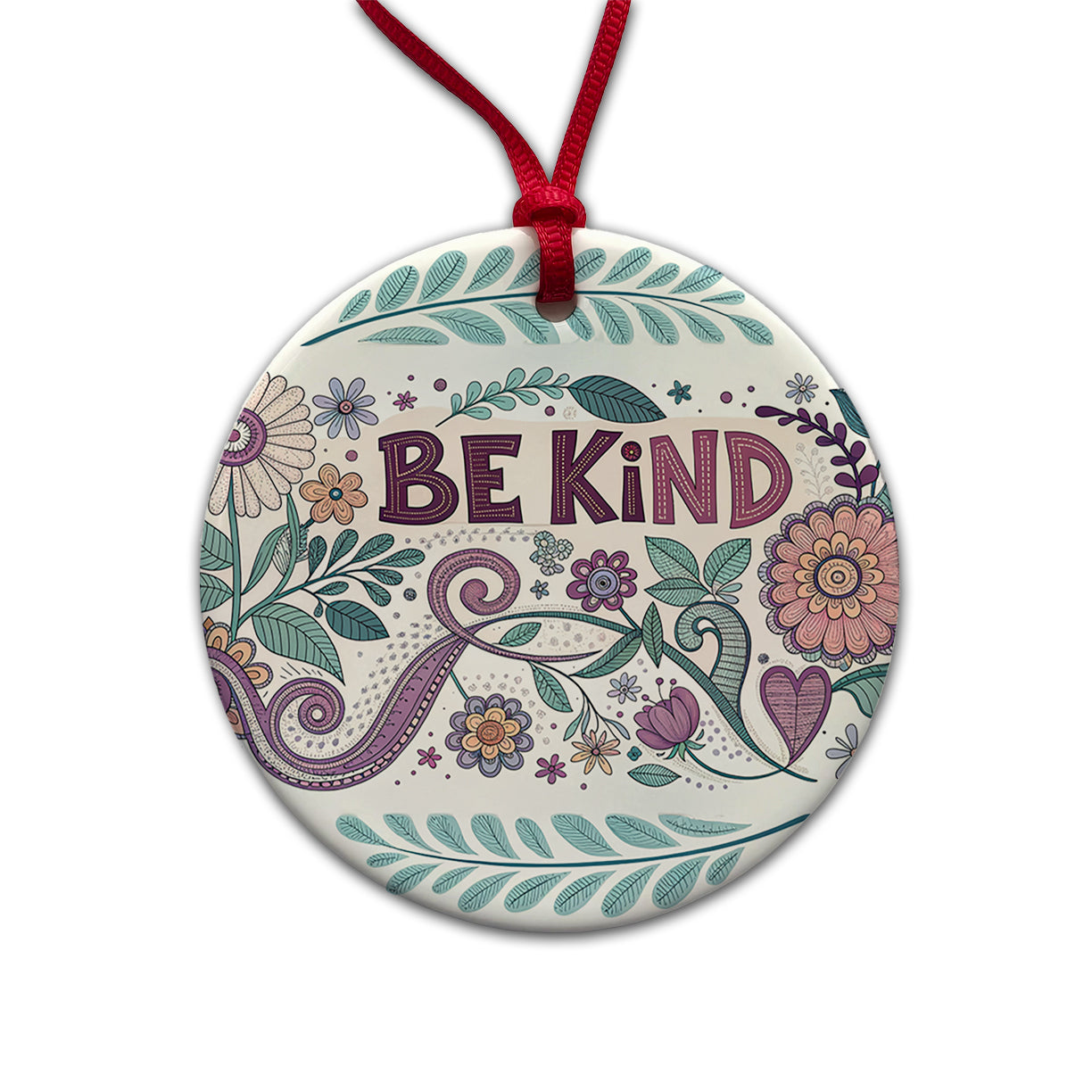 Be Kind Hippie Floral Pattern Round Ceramic Holiday Christmas Tree Ornament