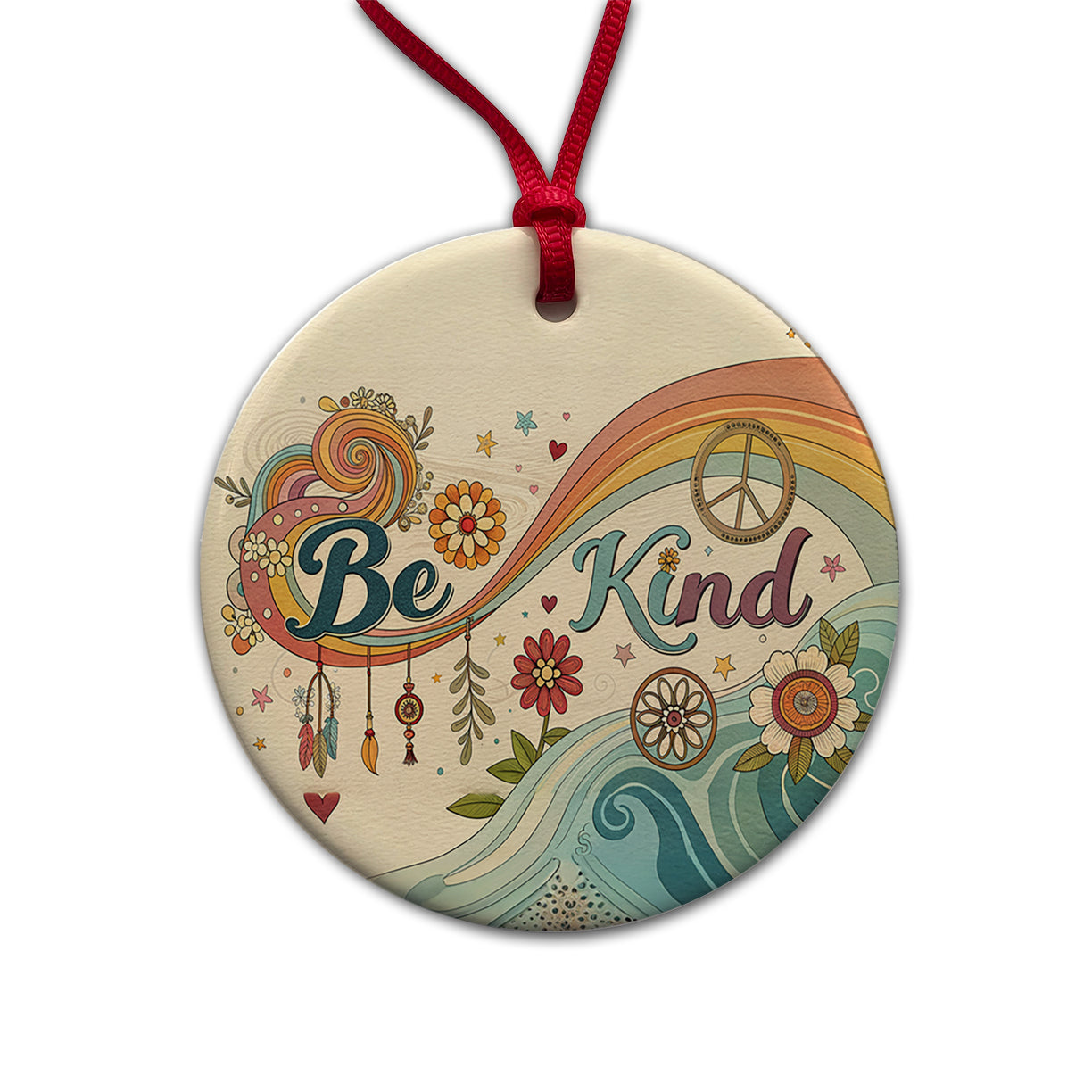 Be Kind Vintage Hippie Design Round Ceramic Holiday Christmas Tree Ornament