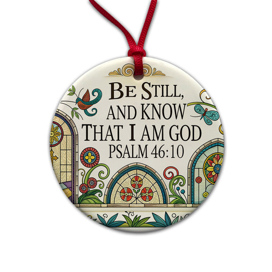 Be Still And Know That I Am God Psalm 46-10 Church Windows Round Ceramic Holiday Christmas Tree Ornament