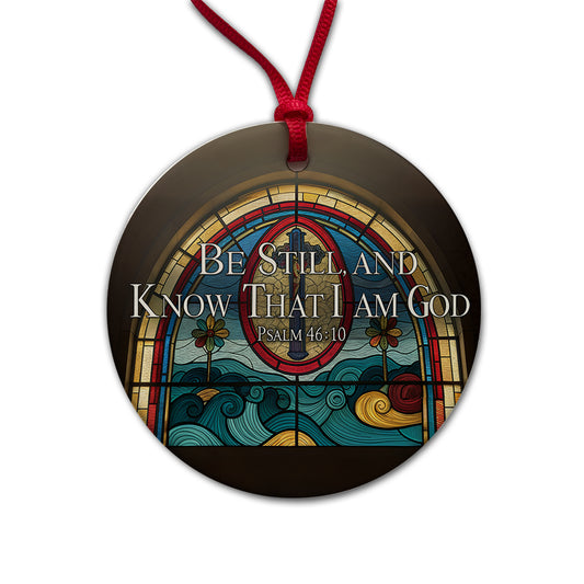 Be Still And Know That I Am God Psalm 46-10 Stained Glass Window Round Ceramic Holiday Christmas Tree Ornament