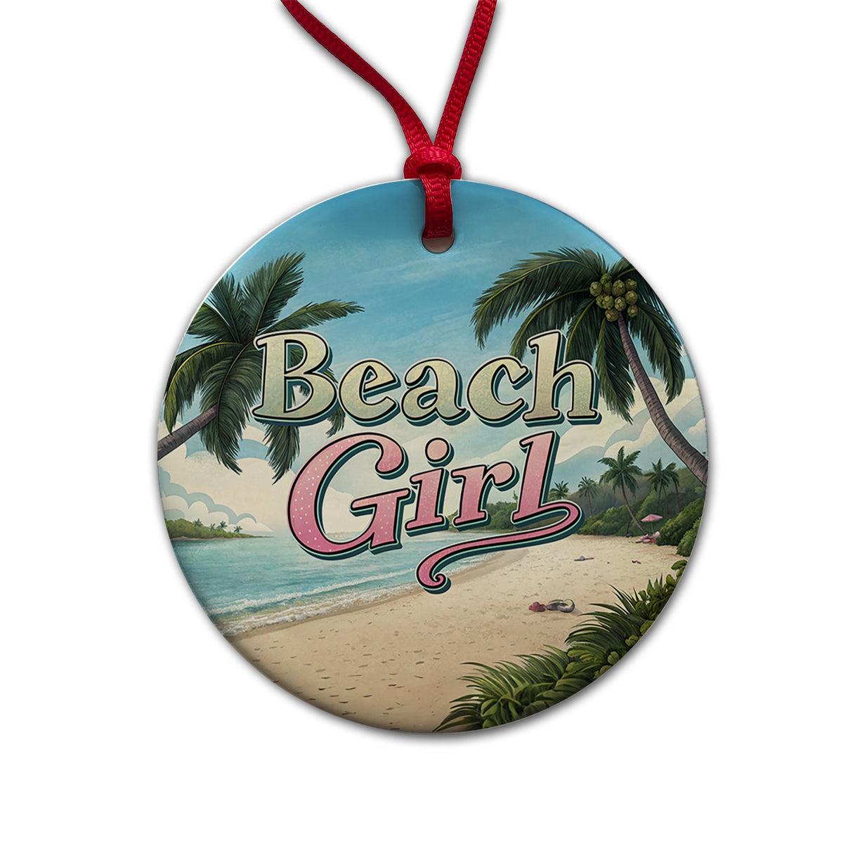 Beach Girl Tropical Beach Palm Trees Round Ceramic Holiday Christmas Tree Ornament