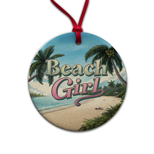 Beach Girl Tropical Beach Palm Trees Round Ceramic Holiday Christmas Tree Ornament