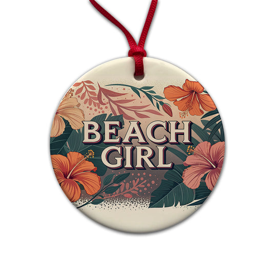 Beach Girl Tropical Hibiscus Flowers Round Ceramic Holiday Christmas Tree Ornament