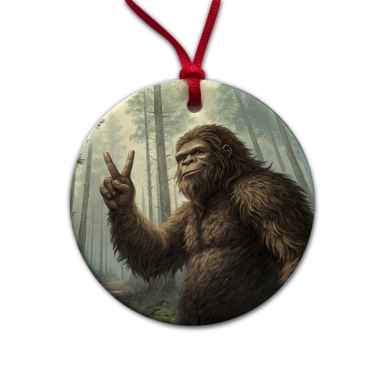 Big Foot Giving The Peace Sign Round Ceramic Holiday Christmas Tree Ornament