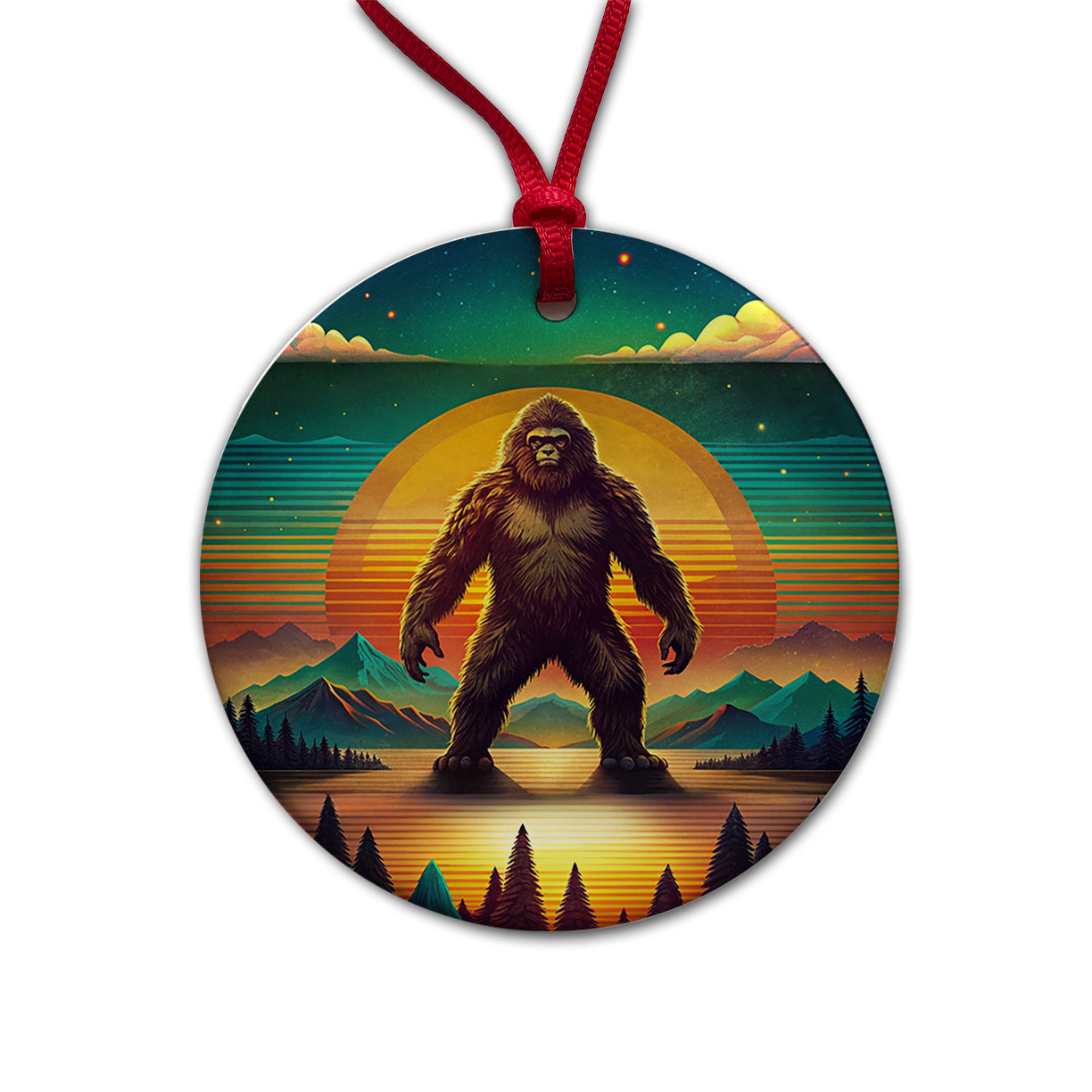 Big Foot Retro Sunset Round Ceramic Holiday Christmas Tree Ornament