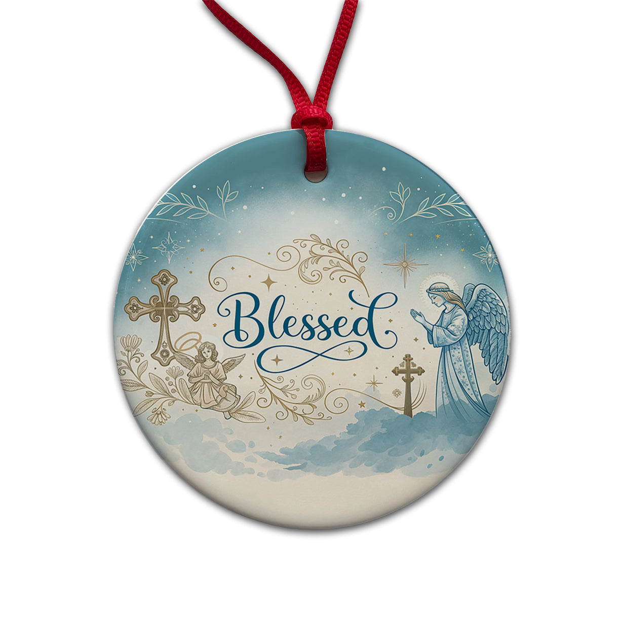 Blessed Religious Angel Blue White Round Ceramic Holiday Christmas Tree Ornament