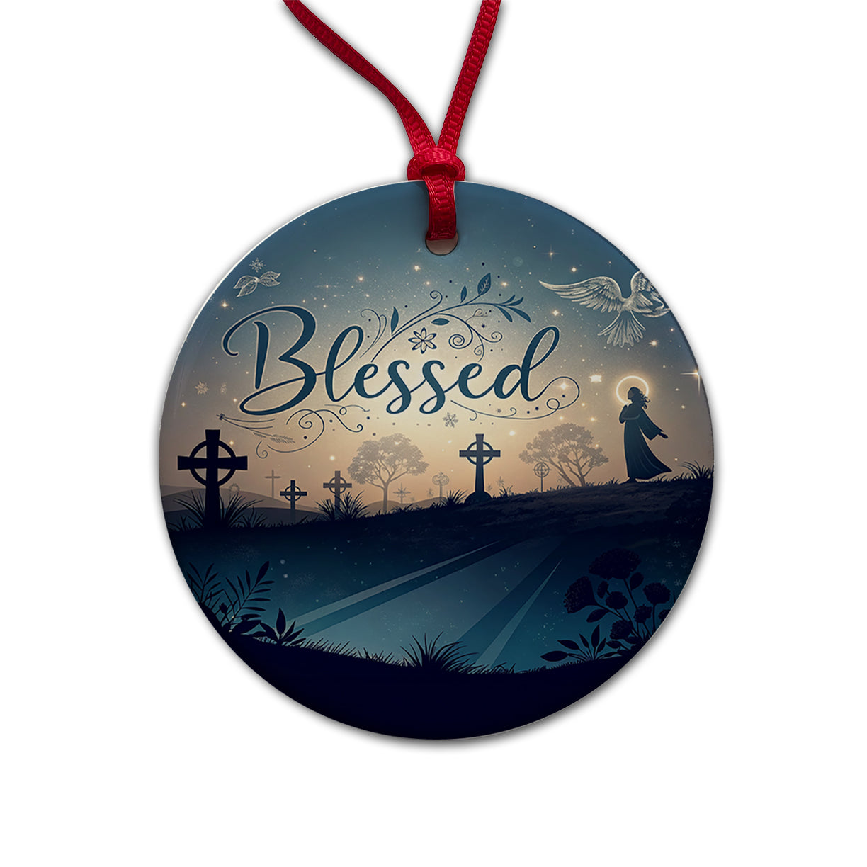 Blessed Religious Crosses Round Ceramic Holiday Christmas Tree Ornament