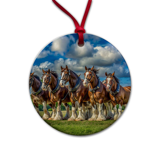 Clydesdale Horses in a Field Round Ceramic Holiday Christmas Tree Ornament
