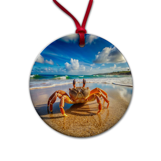 Crab On The Beach Round Ceramic Holiday Christmas Tree Ornament