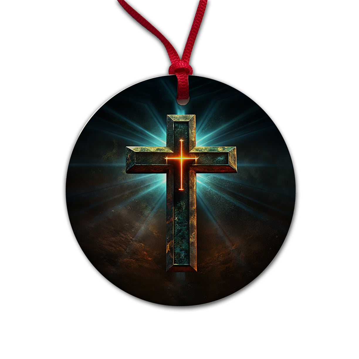 Cross On A Dark Background Religious Round Ceramic Holiday Christmas Tree Ornament