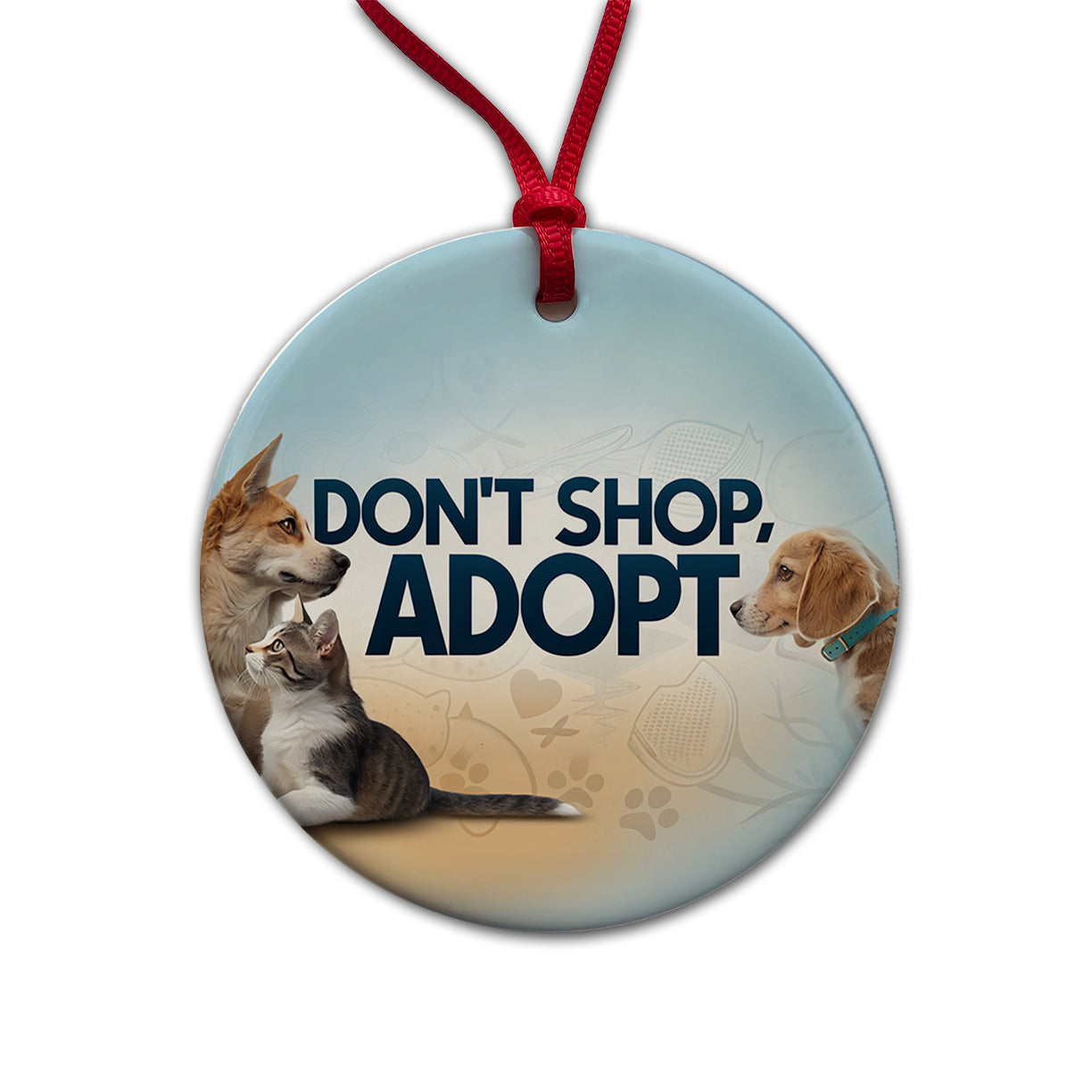 Don't Shop Adopt Dog Cat Rescue Round Ceramic Holiday Christmas Tree Ornament