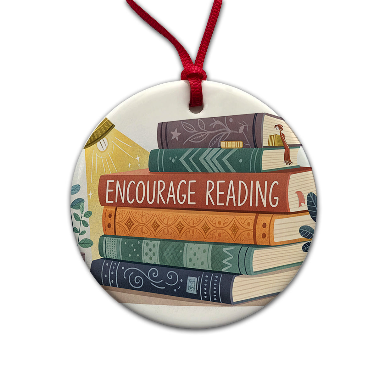 Encourage Reading Stack of Books Round Ceramic Holiday Christmas Tree Ornament