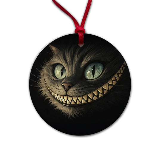 Funny Cheshire Cat Grin on Black Round Ceramic Holiday Christmas Tree Ornament