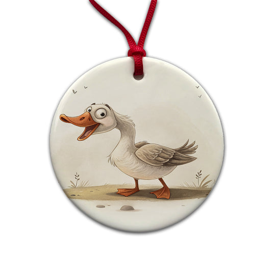 Funny Silly Goose Round Ceramic Holiday Christmas Tree Ornament