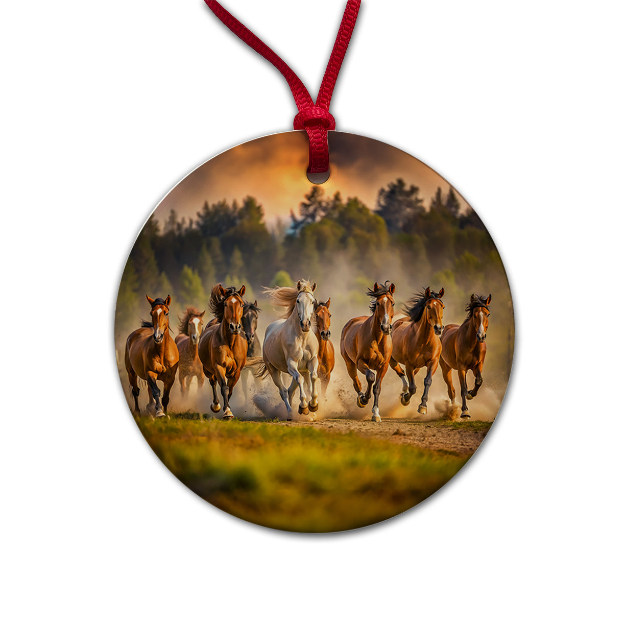 Galloping Horses on the Plain Round Ceramic Holiday Christmas Tree Ornament