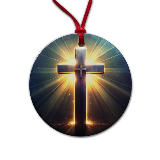 Glowing Religious Cross Round Ceramic Holiday Christmas Tree Ornament