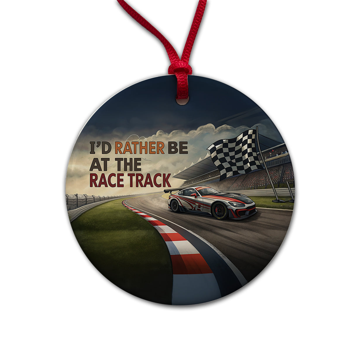 I'd Rather Be At The Race Track Checkered Flag Round Ceramic Holiday Christmas Tree Ornament