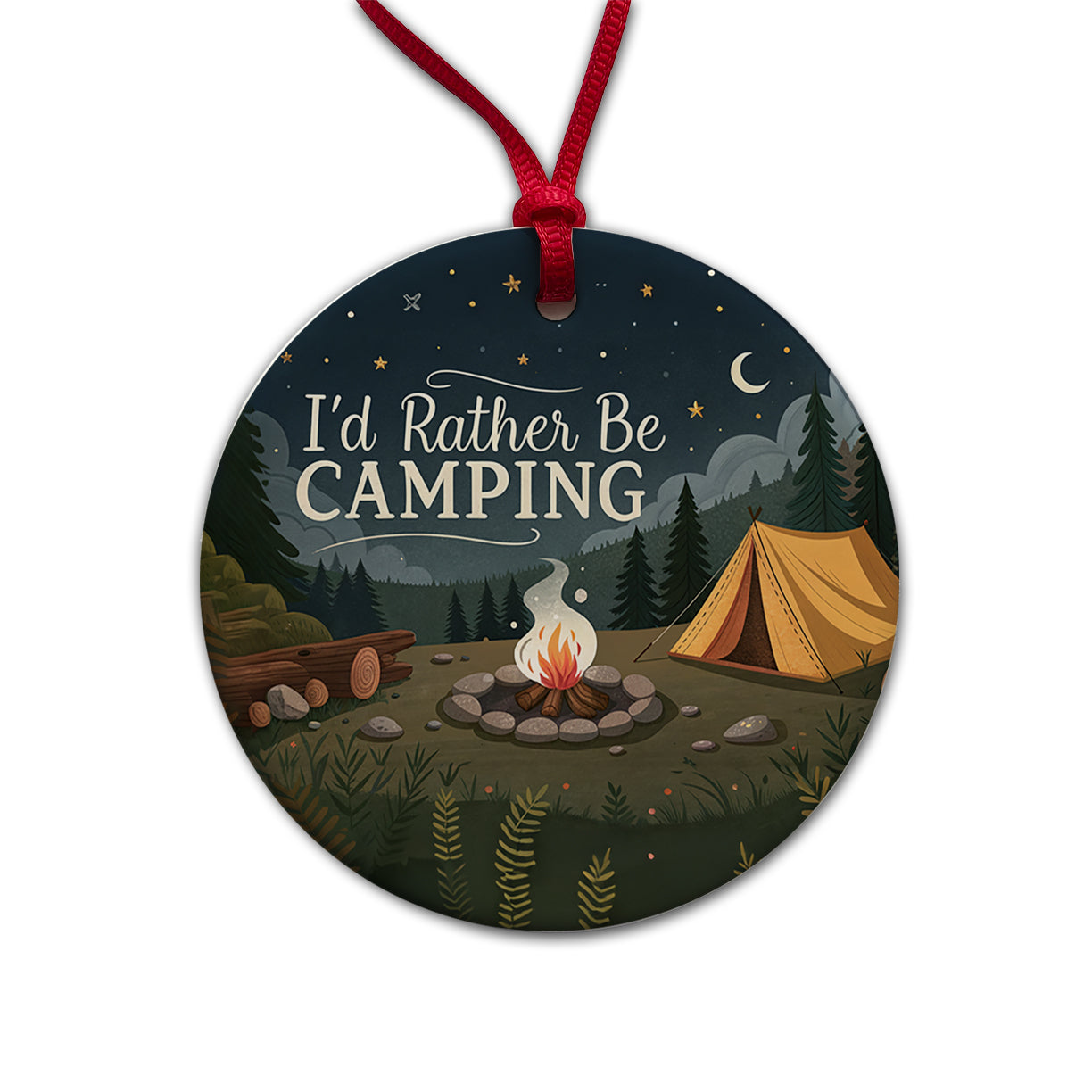 I'd Rather Be Camping Campfire Tent Round Ceramic Holiday Christmas Tree Ornament
