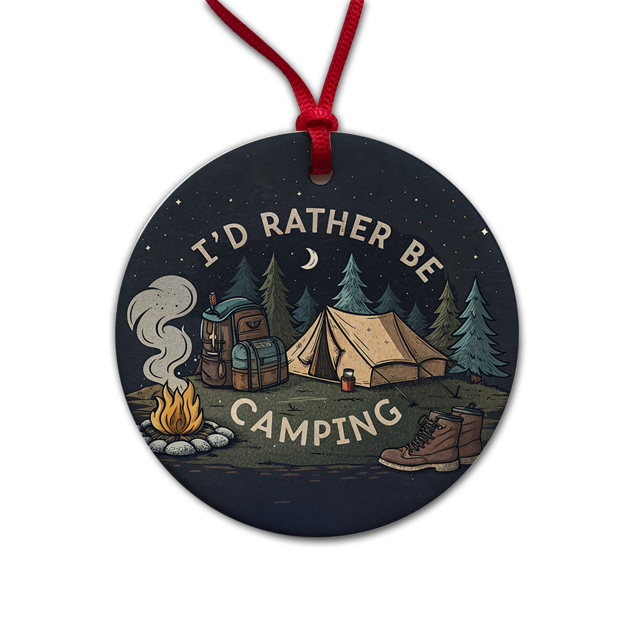 I'd Rather Be Camping Outdoors Hiking Round Ceramic Holiday Christmas Tree Ornament