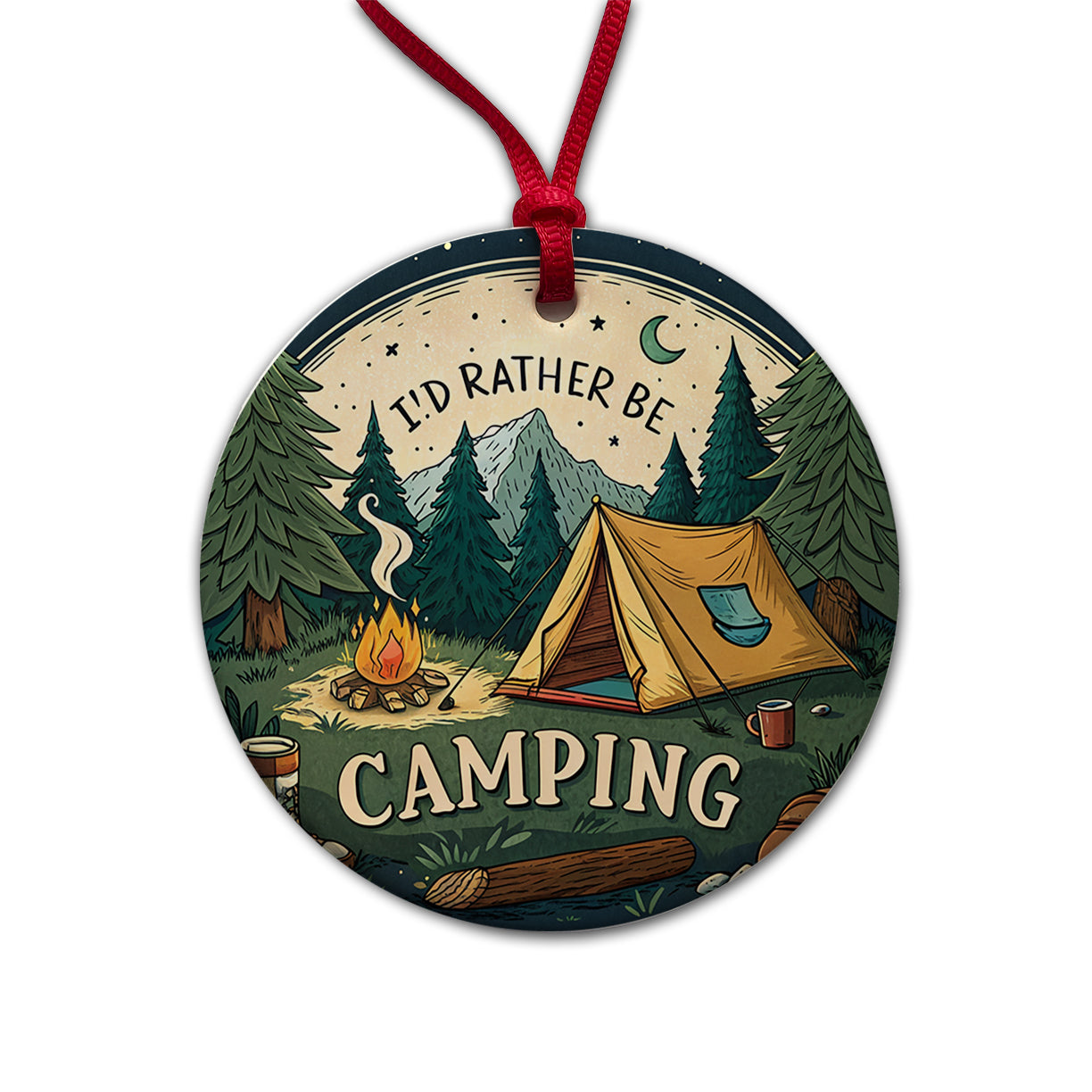 I'd Rather Be Camping Wilderness Tent Round Ceramic Holiday Christmas Tree Ornament