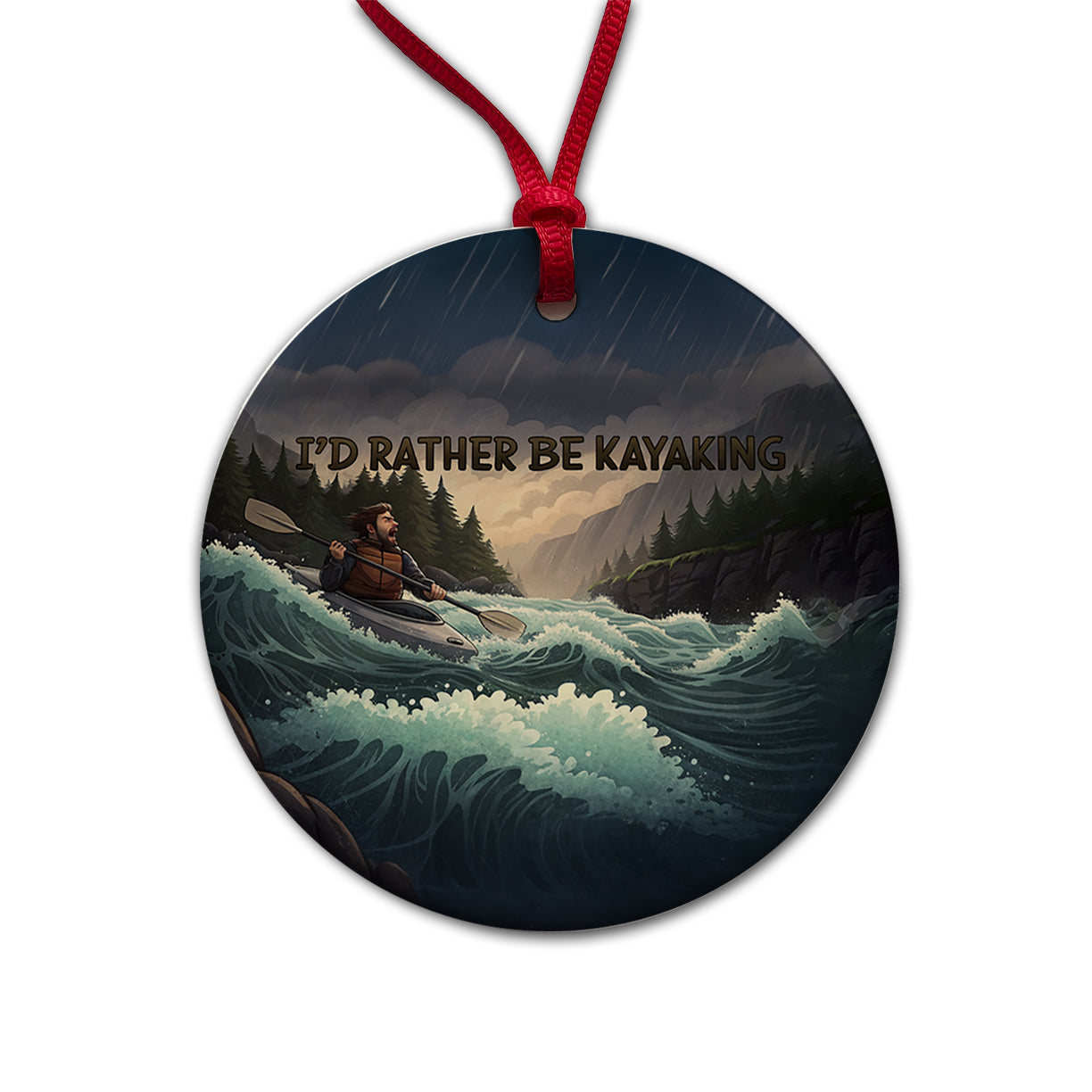 I'd Rather Be Kayaking Man Kayaker Raging River Round Ceramic Holiday Christmas Tree Ornament
