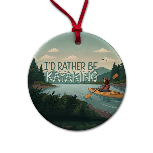 I'd Rather Be Kayaking Woman Kayaker Round Ceramic Holiday Christmas Tree Ornament