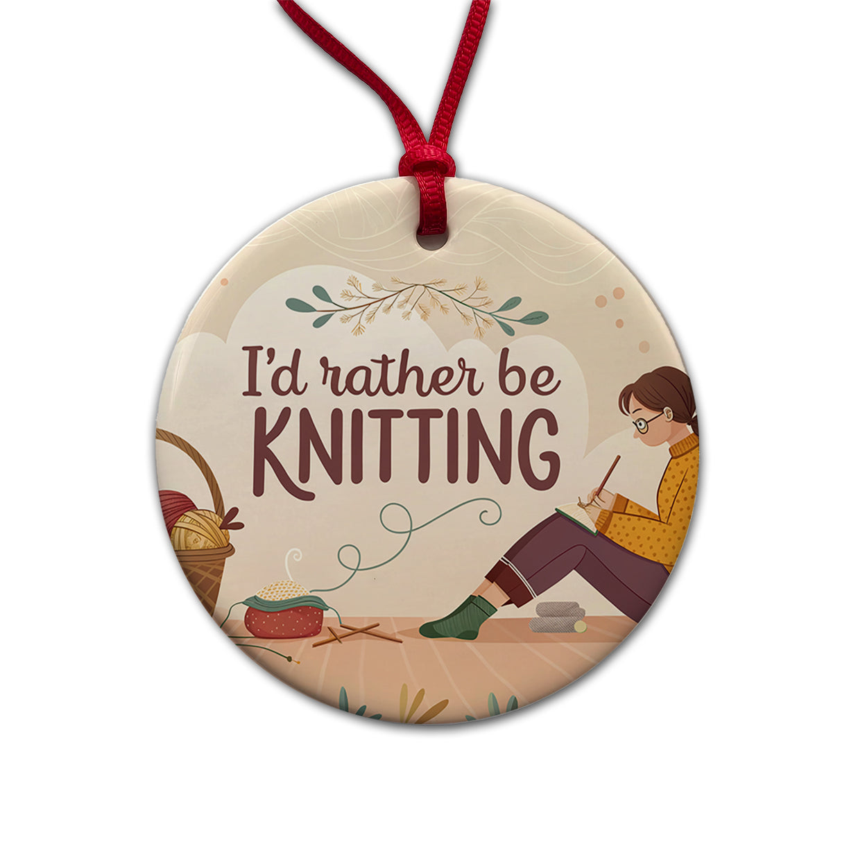 I'd Rather Be Knitting Basket of Yarn Round Ceramic Holiday Christmas Tree Ornament