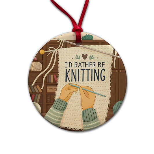 I'd Rather Be Knitting Knit Yarn Needles Round Ceramic Holiday Christmas Tree Ornament