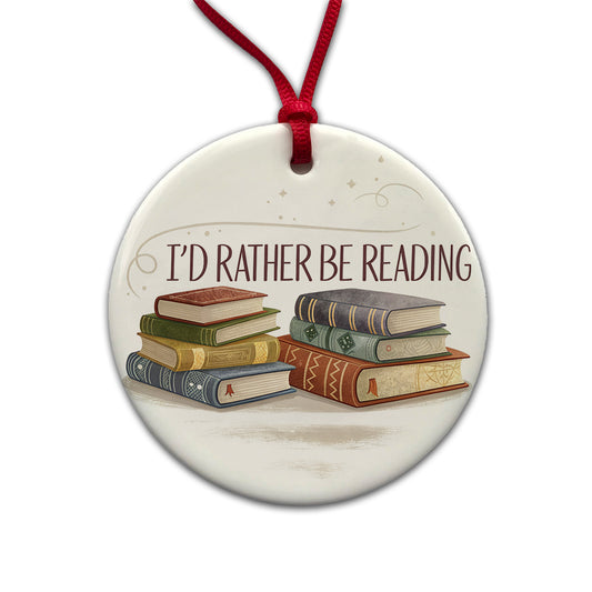 I'd Rather Be Reading Piles Of Books Design Round Ceramic Holiday Christmas Tree Ornament
