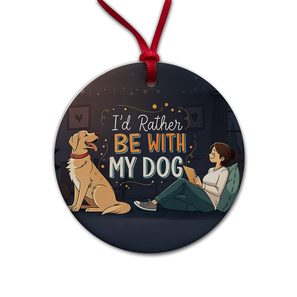 I'd Rather Be With My Dog Funny Round Ceramic Holiday Christmas Tree Ornament