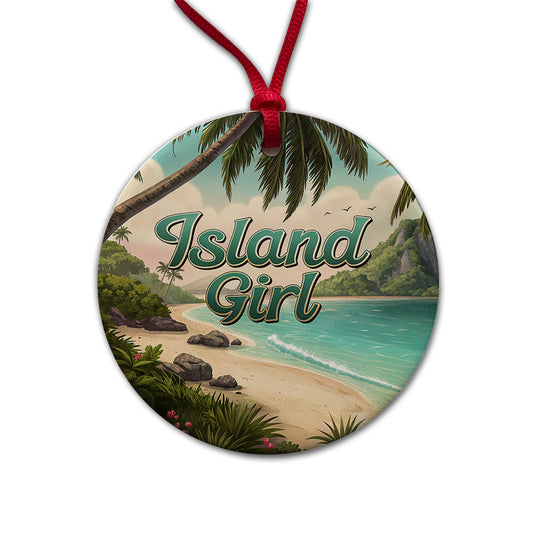 Island Girl Tropical Beach Palm Trees Round Ceramic Holiday Christmas Tree Ornament