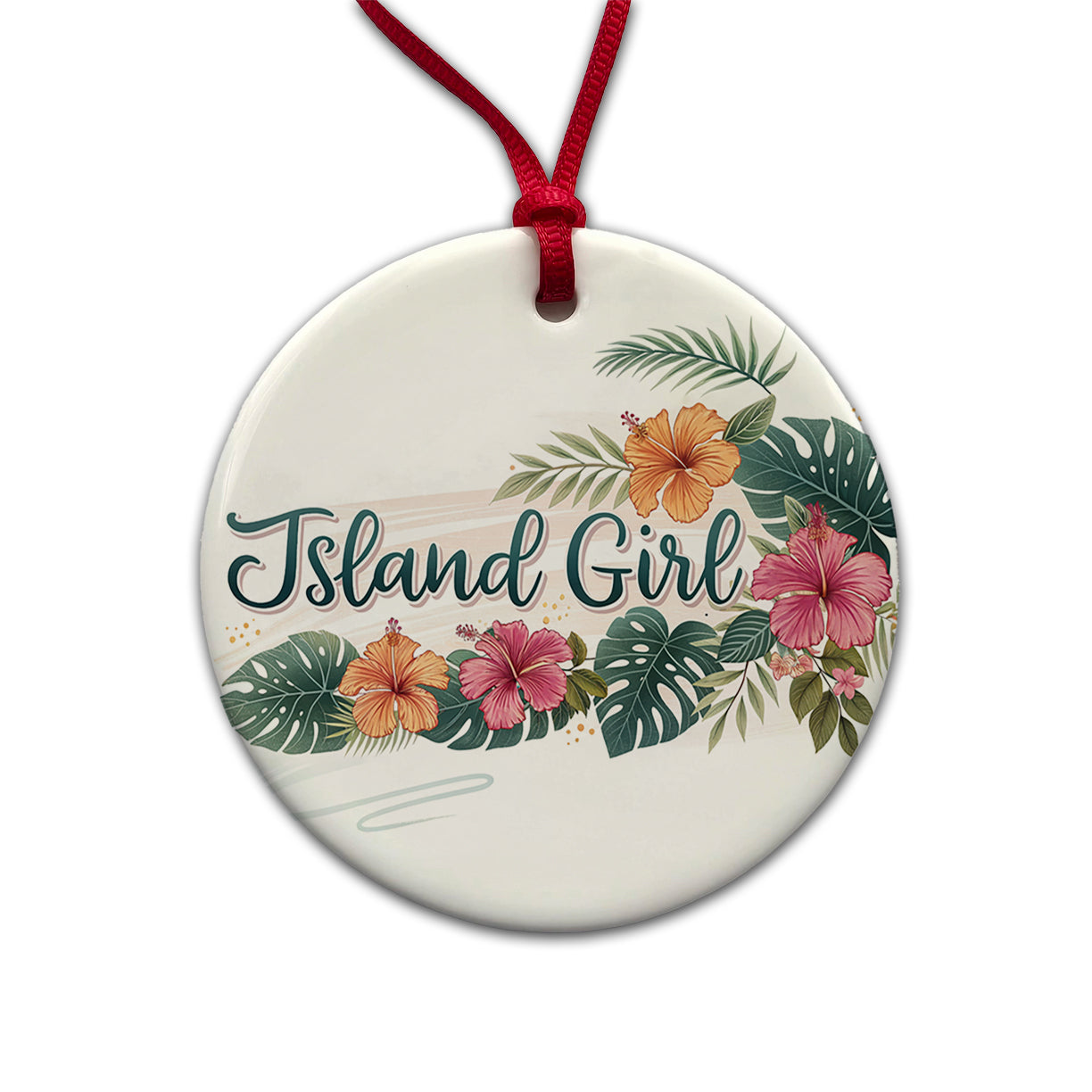 Island Girl Tropical Hibiscus Flowers Round Ceramic Holiday Christmas Tree Ornament
