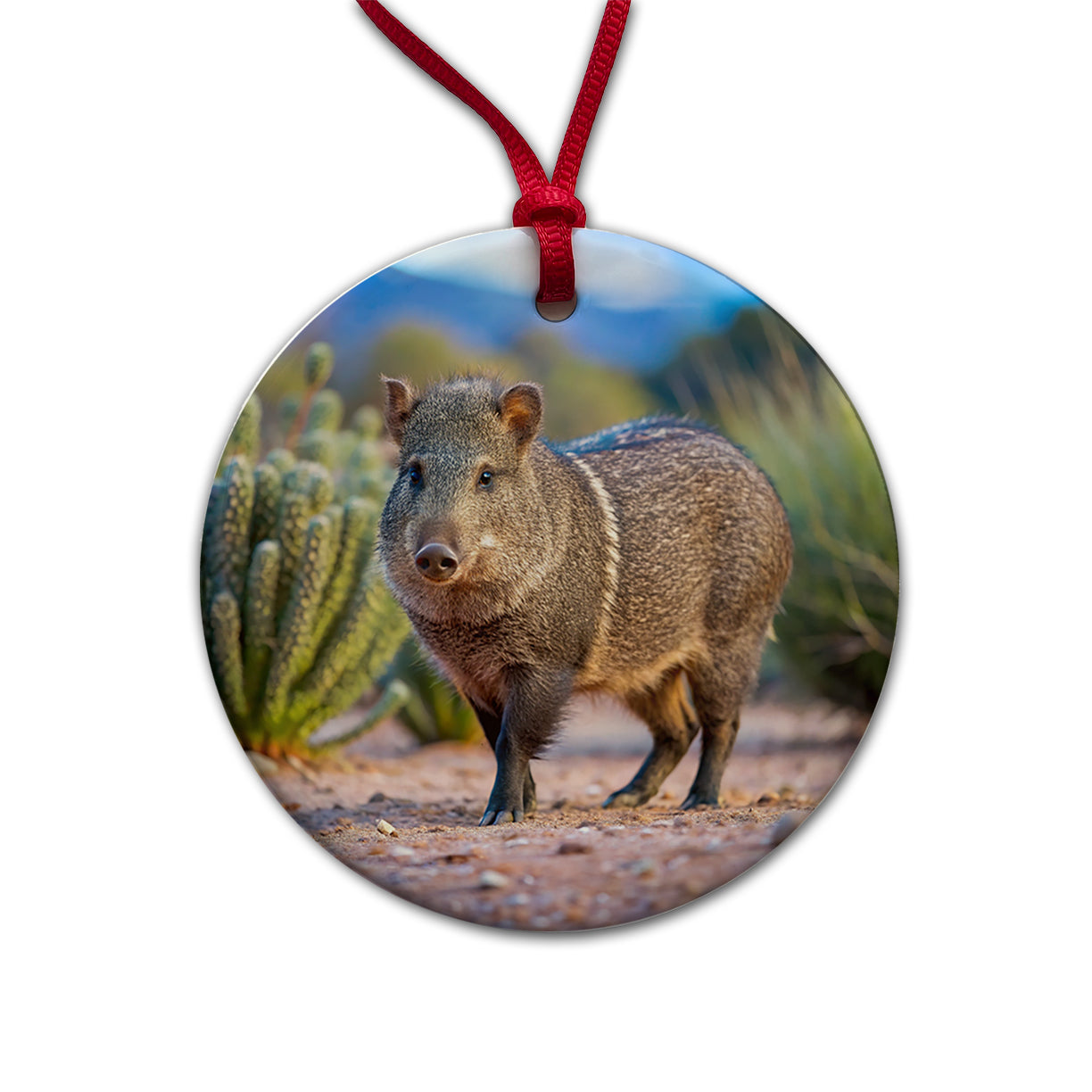 Javelina in Nature Round Ceramic Holiday Christmas Tree Ornament