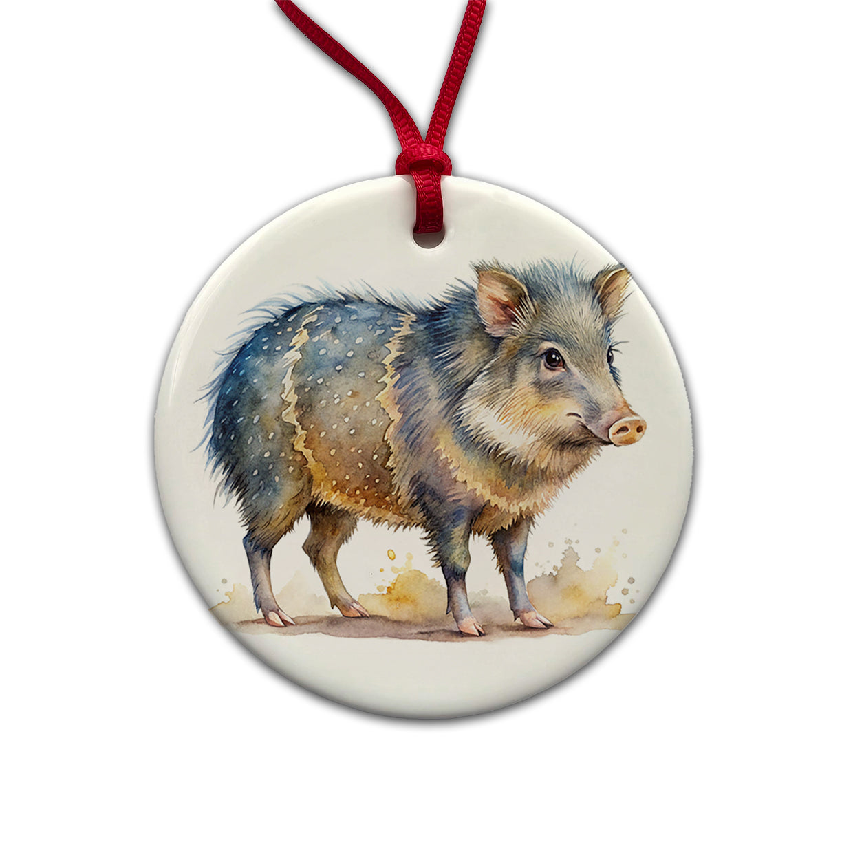 Javelina Watercolor Round Ceramic Holiday Christmas Tree Ornament