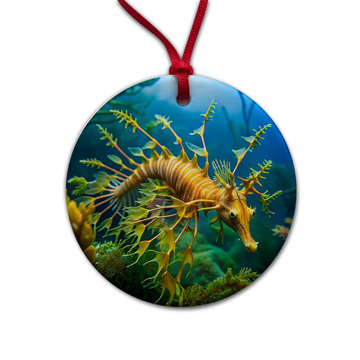 Leafy Seadragon Swimming Round Ceramic Holiday Christmas Tree Ornament
