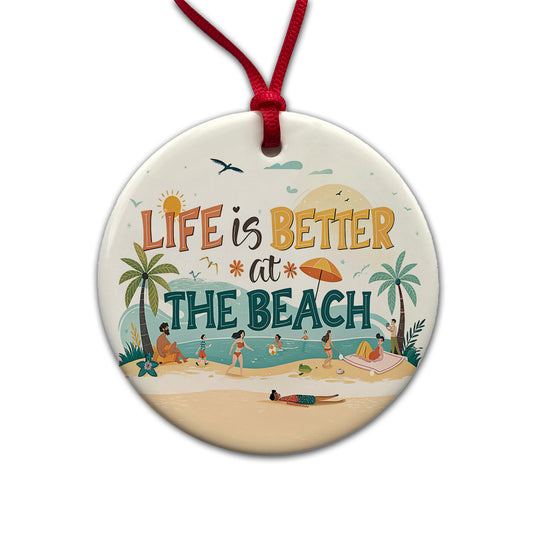 Life Is Better At The Beach Cartoon Round Ceramic Holiday Christmas Tree Ornament