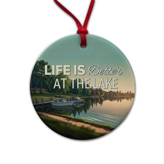 Life is Better At The Lake Boats Round Ceramic Holiday Christmas Tree Ornament