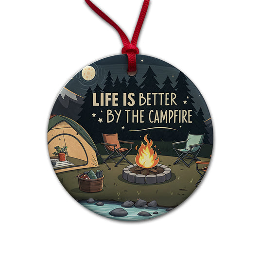 Life is Better By The Campfire Camping Round Ceramic Holiday Christmas Tree Ornament