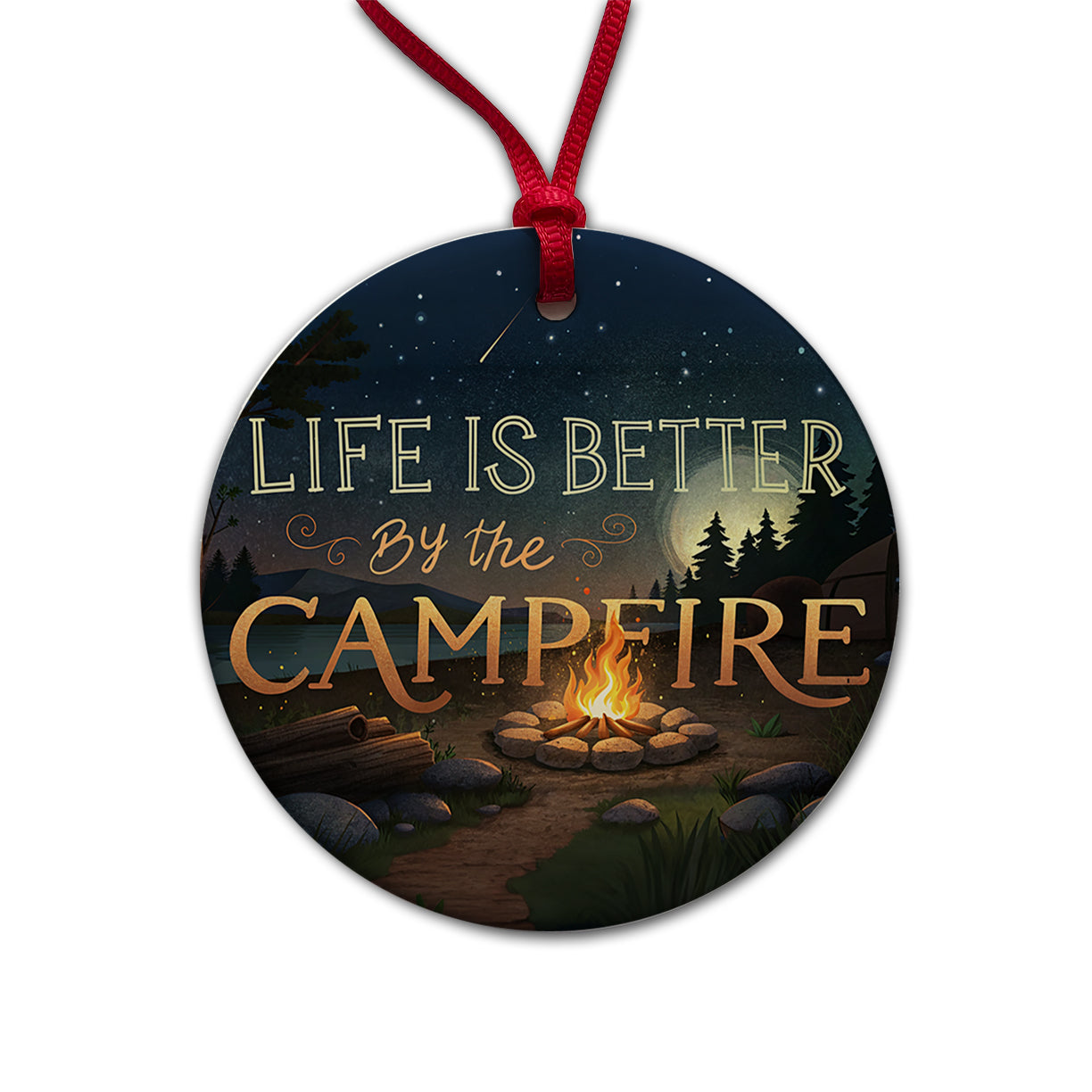 Life is Better By The Campfire Hiking Camping Round Ceramic Holiday Christmas Tree Ornament