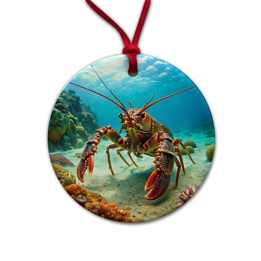Lobster In The Ocean Round Ceramic Holiday Christmas Tree Ornament