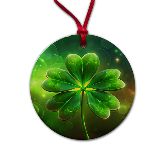 Lucky Irish Five Leaf Clover Round Ceramic Holiday Christmas Tree Ornament