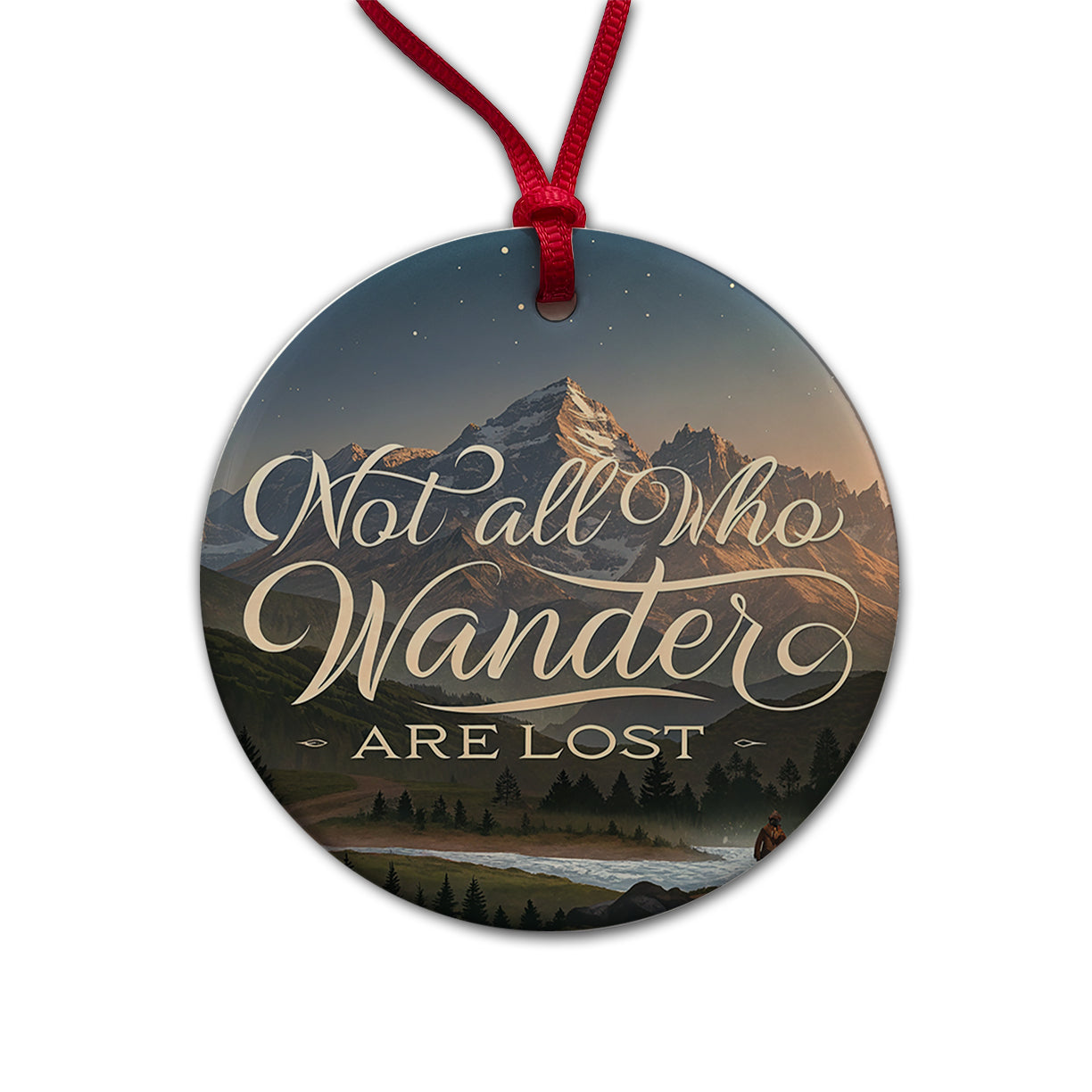 Not All Who Wander Are Lost Hiking Mountains Round Ceramic Holiday Christmas Tree Ornament