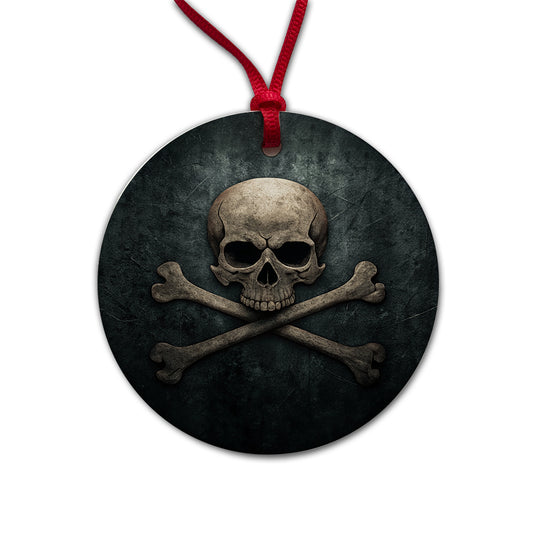 Pirate Skull and Crossbones Dark Rustic Round Ceramic Holiday Christmas Tree Ornament